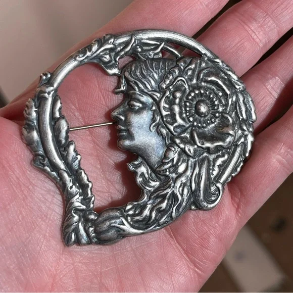 Antique Art Nouveau Art Deco Silver Lady Face Victorian Brooch Fairycore - Picture 6 of 15